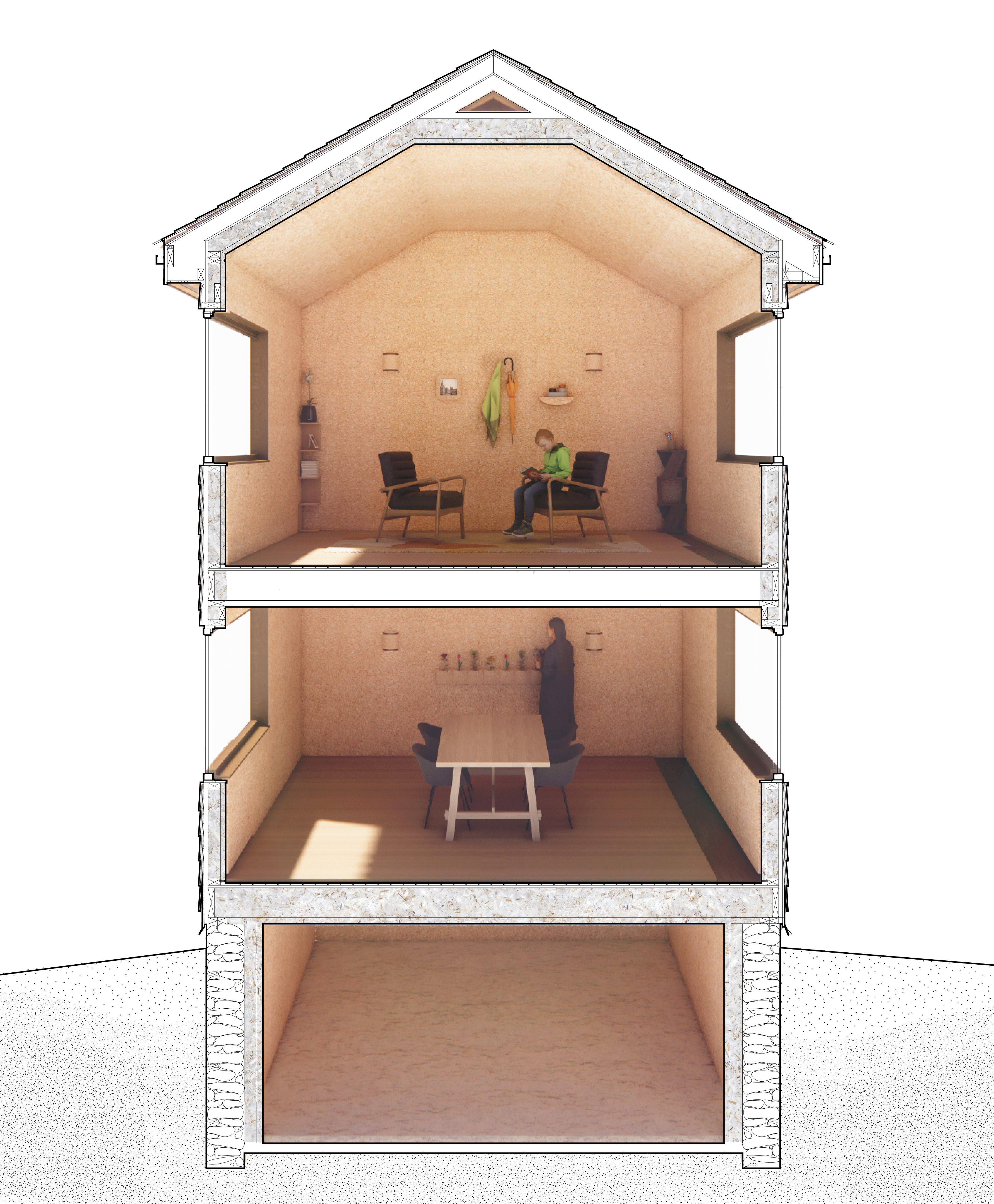 Section perspective depicting life in a mycelium-insulated home