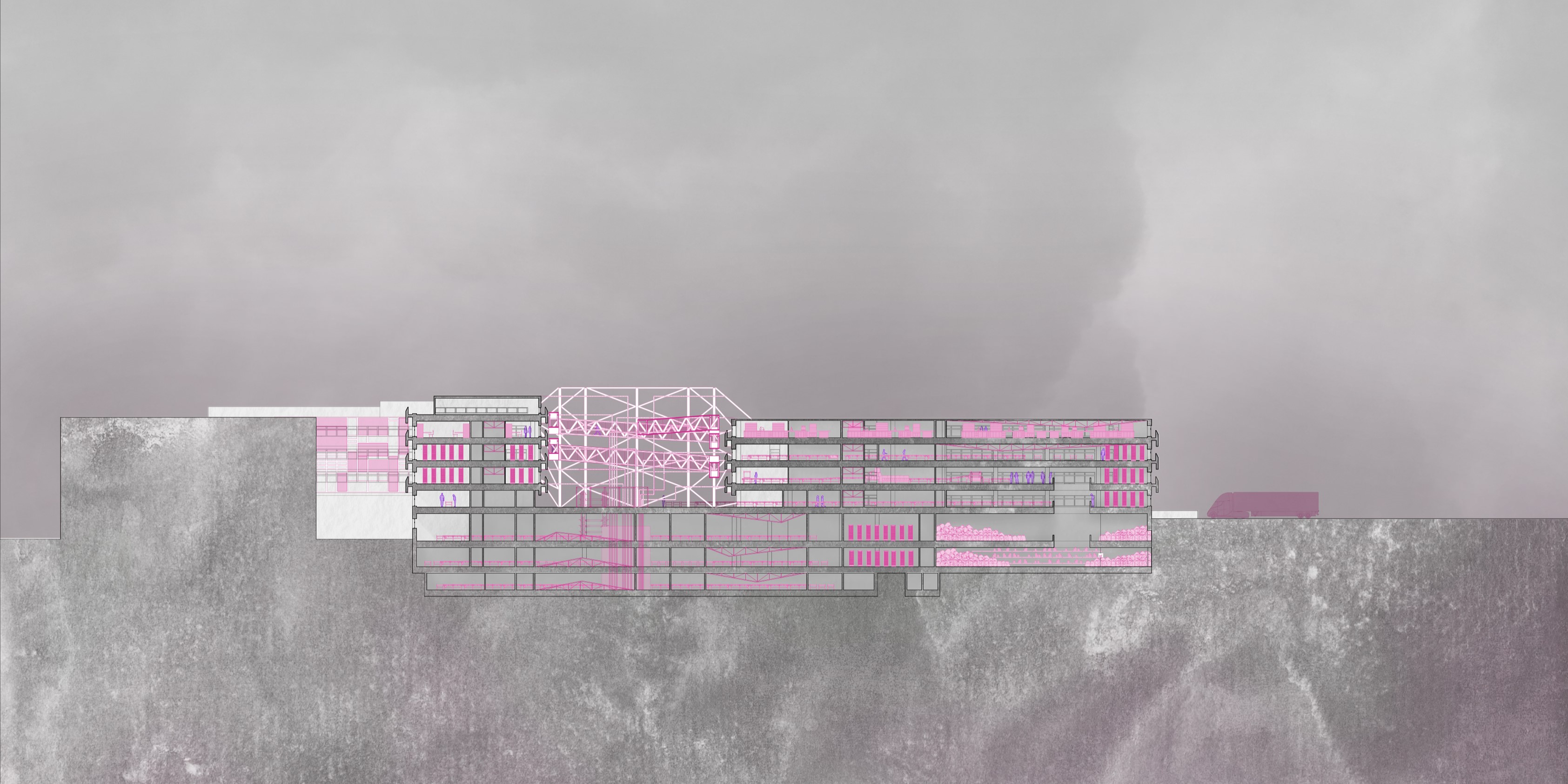Building section showing the sorting core interacting with several floors of the building