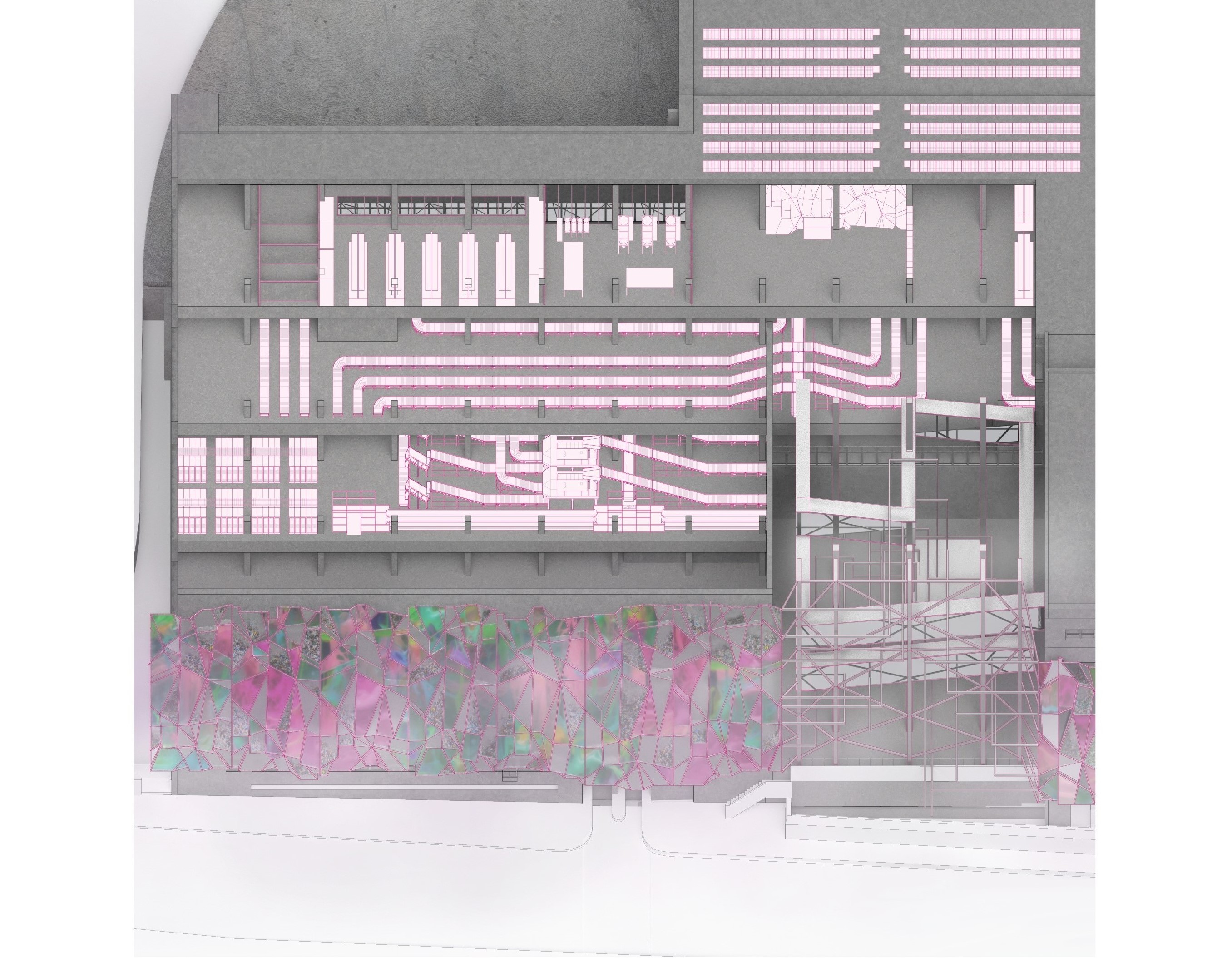 Plan oblique cutaway showing each floor's role in the process