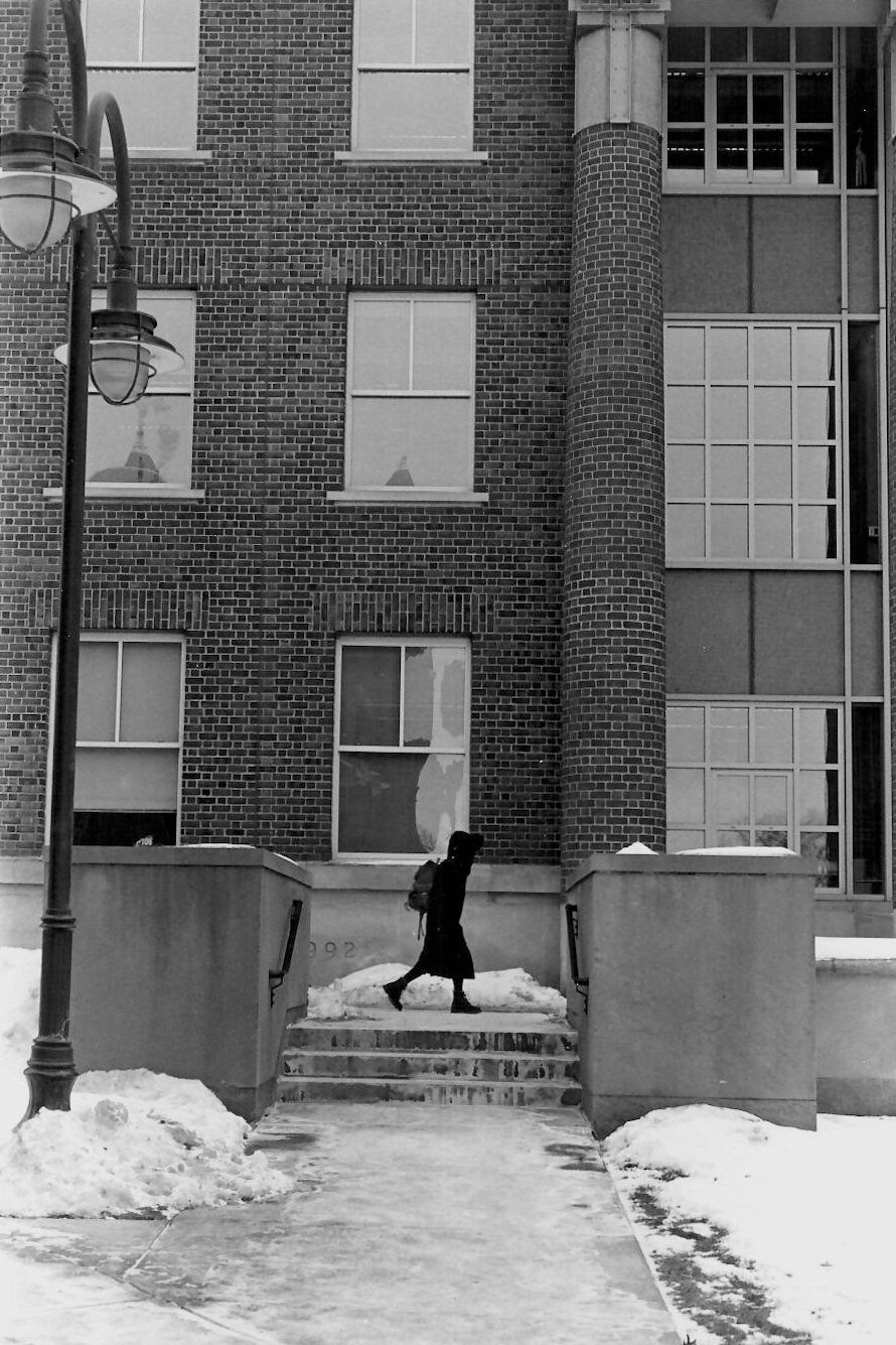 Walking to class on a cold, windy day